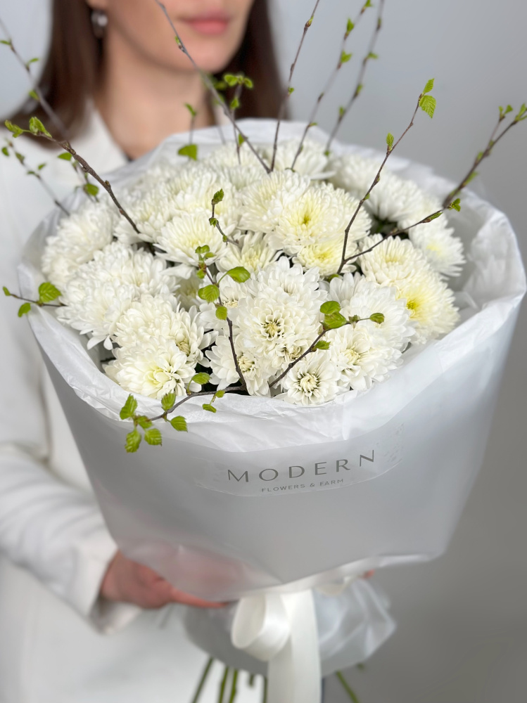 БЕЛОСНЕЖНЫЙ БУКЕТ ИЗ ХРИЗАНТЕМЫ И ВЕСЕННИХ ВЕТОЧЕК